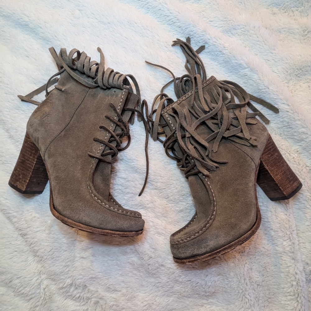 Frye fringe lace up boots with 3.5in heel